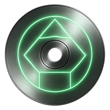A minimalist CD disc with geometric pattern, glowing effect, green color, chrome style, with a subtle gradient. sticker