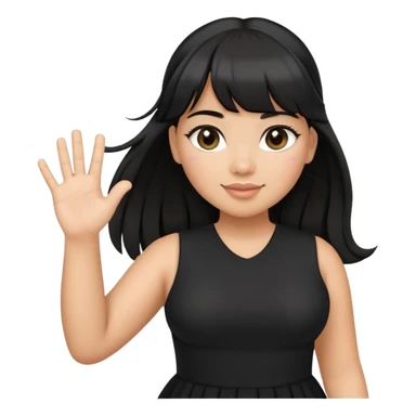 Latina girl with bangs black long hair in pony tail plus size black dress waving hand hello sticker
