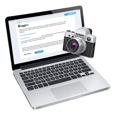 Create an emoji representing blogging. The design should feature an open laptop with a visible blog post on the screen, showing text. Add a photo or video camera to emphasize multimedia content. Do not include any emojis or smiley faces. Make the background transparent. sticker