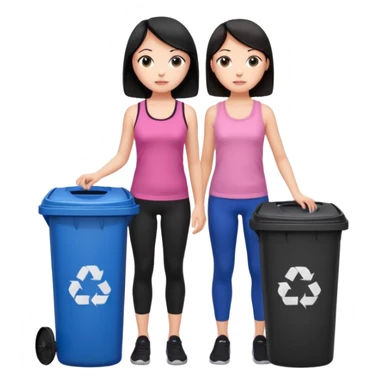generate a genmoji of a black haired girl in a pink tank top and black leggings holding a black trash bag. Standing with her is a brunette girl in a similar blue tank top and black leggings.
Standing in front of a dustbin sticker