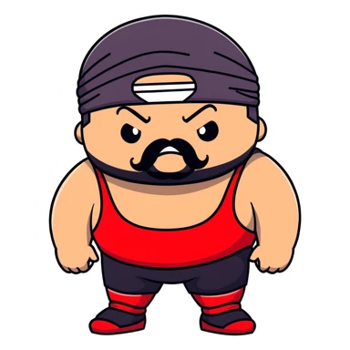 Extreme close-up of face of morbidly obese white skin guy with young face, prominent BLACK DURAG tied clearly on head, distinct black beard and mustache, black eyes in a red and black wrestling singlet with angry expression sticker