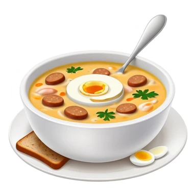 cinematic-realistic zurek-soup-dish-emoji,-depicted-as-a-tangy,-creamy-rye-soup-with-sausage-and-boiled egg-rendered-with-detailed-textures-and-warm,-comforting-lighting. sticker