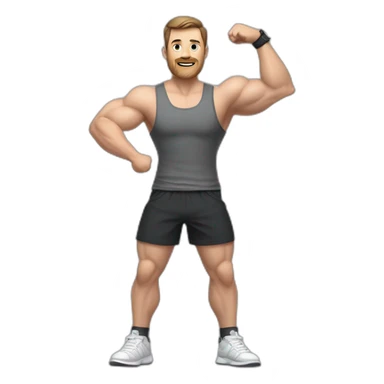 Full height realistic Actively gesturing with hands Pale skinned Fit Man With the biceps and brown hair in dark gray Sleeveless Mike, black oversize sports shorts, watch and white Sneakers sticker