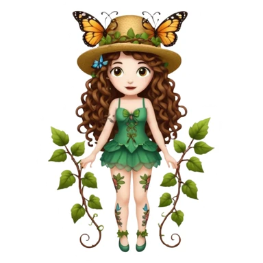 full body woman long curly brown hair brown eyes white skin tattoos wearing butterfly hat and glowing vine stockings sticker