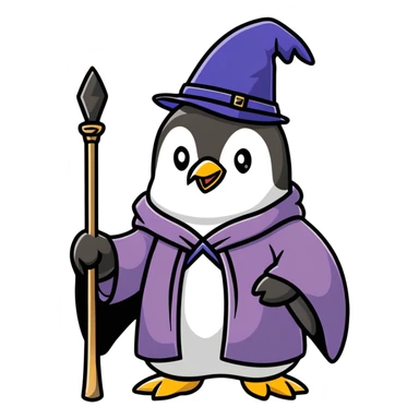penguin with wizard hat and robe, holding a magic staff, magical sticker