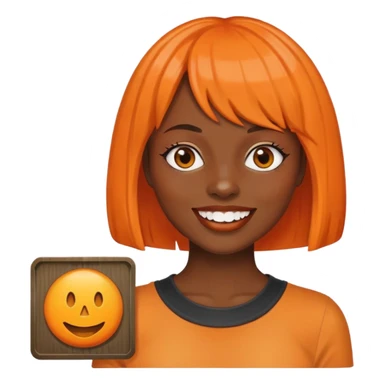 dark skinned Black woman with orange bob wig like Chucky's hair, visible plaque on her teeth sticker
