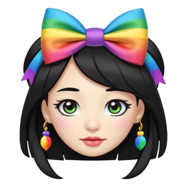 asian emoji face with long hair with very thick black eyeliner and rainbow bow on head sticker