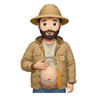 Bearded man rubbing pregnant belly poking out of shirt wearing a tan canvas carhartt jacket with a stereotypical large chinese hat on and buck teeth sticker