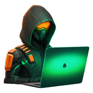 Side view developer behind his laptop with this style : crysis Cyberpunk Valorant orange glowing bright orange character green black hooded assassin themed character sticker