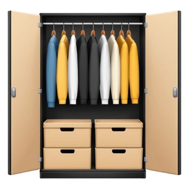 Minimalistic flat vector icon, iOS style, thin black contour on white background. Open wardrobe with neatly arranged boxes inside. Clean, no text, no shadows sticker