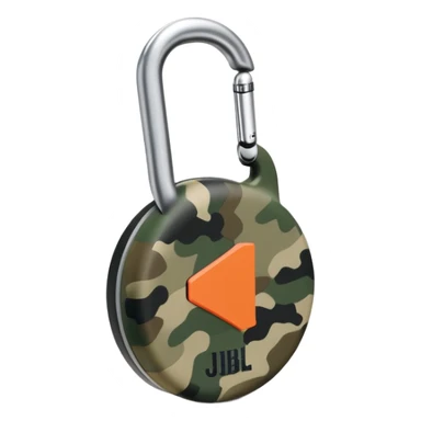 Extremely simplified JBL Clip 4, flat design with subtle camouflage pattern, single carabiner hook, iOS emoji style sticker