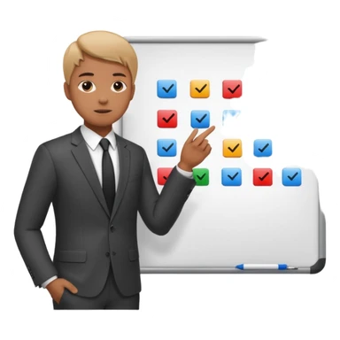 Create a realistic emoji of a person making some decisions in front of a grounp while standing in a office. the team is sitting while the leader stands next to a white board sticker