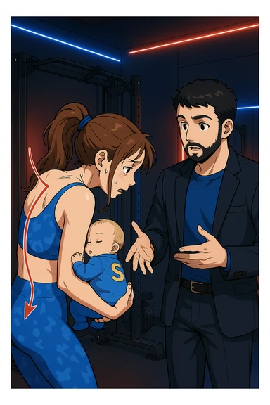 ispirati a questo stile di disegno e fai questa immagine in versione manga/webtoon a colori, il manga mostra la donna preoccupata di profilo con la postura sbagliata e incurvata, spalle chiuse e curve in avanti, con un neonato in braccio con una tutina azzurra e la scritta "S" sulla schiena, spina dorsale storta della donna in evidenza mentre ascolta l'uomo mentre l'uomo gli sta spiegando una cosa, ma non fare i fumetti, fai come se stessero parlando sticker