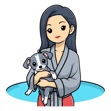 Very thin and slim Chinese woman with long black hair in elegant pool attire at a luxury spa pool with fancy amenities and her Italian greyhound that is COMPLETELY solid dark grey with ABSOLUTELY ZERO white markings anywhere - 100% uniform dark grey color only sticker