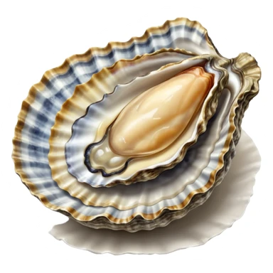 raw oyster, open on half shell, textured irregular shell, grey and brown, glistening flesh, translucent moist interior, natural folds, creamy grey-beige, no lemon, ice, plate, garnish, or faces, clean 3D, soft shadows, transparent background, emoji scale sticker