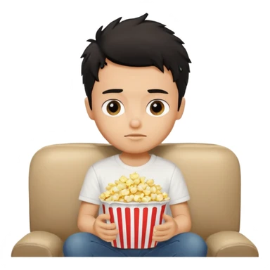 generate a pretty tan bratz boy with black messy hair eating popcorn and watching tv, wearing white tshirt sticker