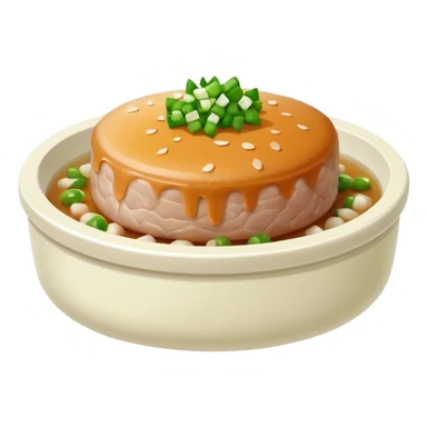 Emoji of a Chinese steamed pork patty in a small dish, topped with chopped scallions, soft texture, minimal style. sticker