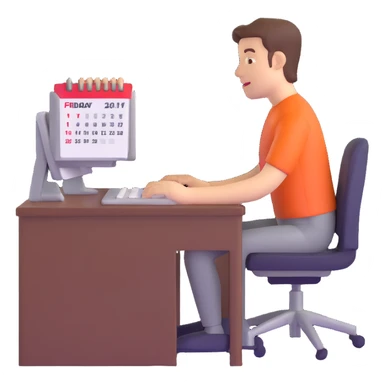 person at a computer with a calendar showing Friday sticker