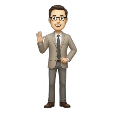 Full height Actively gesturing with hands Pale skinned fit man with dark brown hair in gray jacket, beige office shirt, brown tie, brown pants and vintage glasses. sticker