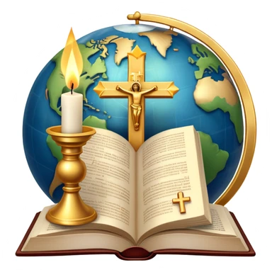An icon featuring a holy book, a candle, and a cross, symbolizing religious studies. The design includes a globe with various religious symbols like a crescent moon and a star, representing the diversity of beliefs. Transparent background highlights the exploration of world religions sticker