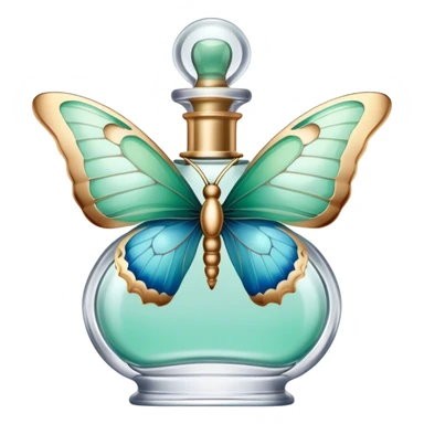 A delicate butterfly with pastel green and blue wings resting on a vintage glass perfume bottle with golden details. sticker