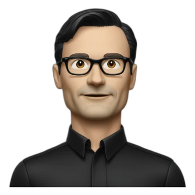 small photo realistic waving Ralf Hutter from Kraftwerk, short straight black hair, Dark Brown eyes, black glasses, thin, black shirt, side view sticker