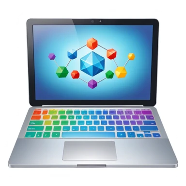 Professional icon for Graphic Design: a laptop with Photoshop open on the screen, displaying geometric shapes like spheres, cubes, and pyramids, along with a stylus. The icon should reflect the creative process in graphic design. Transparent background. sticker