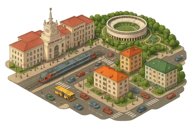 Изометричная миниатюрная фотореалистичная 3D модель панорамы Краснодара - вокзал Краснодар, КубГМУ, парк Краснодар со стадионом, краснодарские дома, автотранспорт четкие линии, яркие цвета, мультяшный реализм, люди, автотранспорт, компактная композиция, вид сверху в изометрии, прозрачный фон sticker