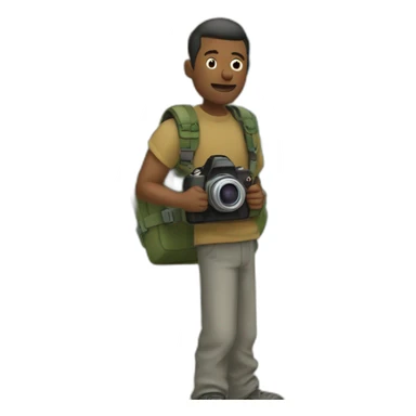 a drawn man stands against the background of a world map and holds a camera in his hands sticker