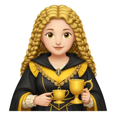 Helga Hufflepuff, 2 curly thick brown braids, yellow-black medieval dress, black cloak decorated with gold braiding, tiny two-handled shiny yellow-gold cup, very kind smile, curvy busty sweet woman, thick rosy cheeks sticker