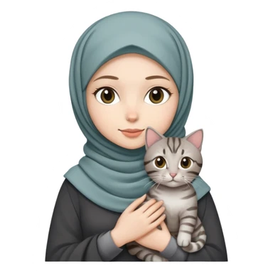 White girl wearing pretty hijab holding a black grey tabby cat while standing sticker