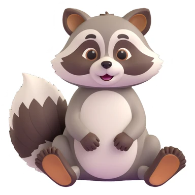 3D raccoon, sitting, playful expression, fluffy tail sticker