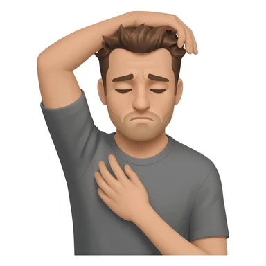 A man who is depressed with his left arm draped over the top of his head so the inside of his left elbow is on the very top of his head where hair grows from and his left hand is touching his right shoulder sticker