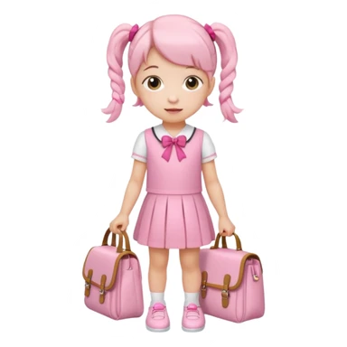 small girl wearing pink student uniform, white dress, white shoes and a bow on her pigtail hair, holding school bag sticker