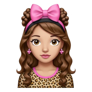 Light skin brown hair long wavy black headband with a small pink bow on each side leopard print shirt with small pink bows woman sticker
