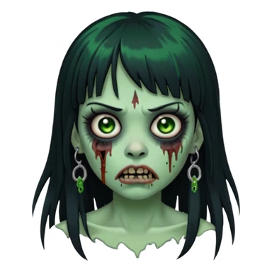 🧟‍♀️ faça igual esse emoji que coloquei só que com franja e piercing dos dois lado do nariz e no septo faça com cabelo longo preto e com a cara mais assustadora  sticker