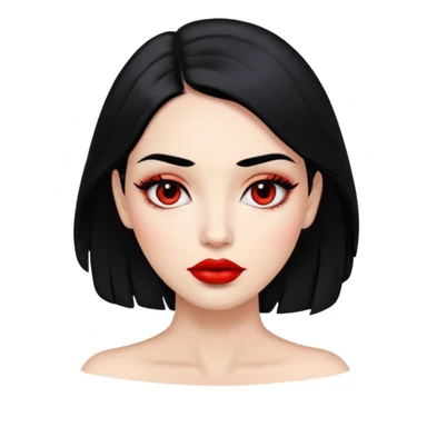 female face with black eyes, black hair at neck level, full red lips sticker