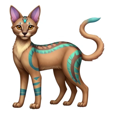 A Colorful iridescent exotic tropical tribal cute happy realistic esoteric patterned dark caracal-Lykoi-bobcat-sphynx-genet-serval-Fakémon-hybrid-fusion-animal-creature, full body, 4-legged sticker