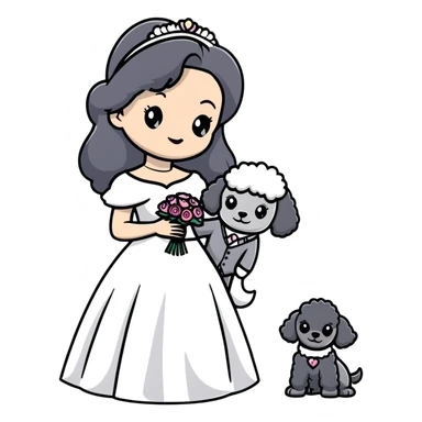 A beautiful girl with long black hair in a wedding dress holds a small gray poodle sticker