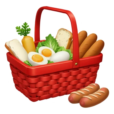 red basket with groceries: milk, bread, sausage, eggs, potatoes, carrots, onions, cabbage sticker