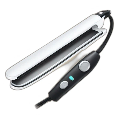white hair straightener with metal heads and black cord sticker