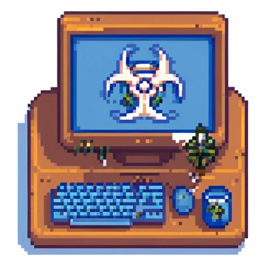 blue screen computer with a biohazard sign sticker