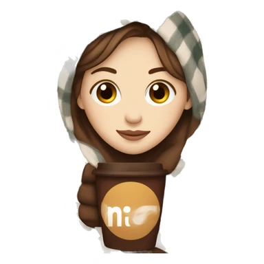white girl short brown hair wrapped in cozy plaid blanket with coffee sticker