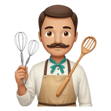 Middle-aged male pastry chef – mustache, wearing apron and whisk in hand
 sticker