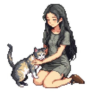 beautiful girl with long black hair standing petting a gray and blonde mixed cat rubbing against her leg, pixel art style sticker