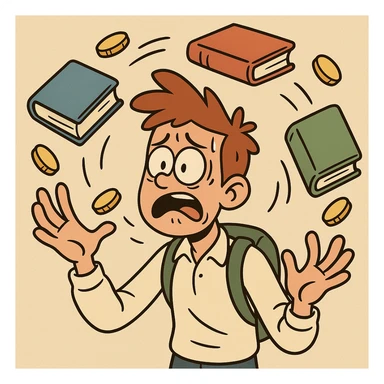 A cartoon student juggling books and coins, looking stressed sticker