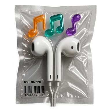 pair of white EarPods with three colorful transparent music notes in orange, teal, and violet arranged above, shiny and puffy sticker