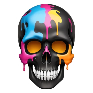 sleek black skull with colorful graffiti paint and brand logos contained within the skull shape, no drips extending beyond the skull outline, front view sticker