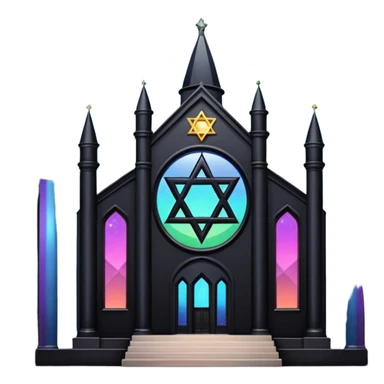 jewish synagogue temple in dark goth aesthetic style with black building and light rainbow tint glass windows and star of david and celestial symbolism sticker