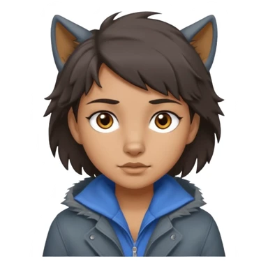 Hobo tomboy with dark brown hair in a wolf cut style, brown eyes, dirty dark grey coat, blue-grey shirt. sticker